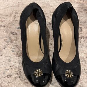 Tory Burch Black Heels with Gold Logo